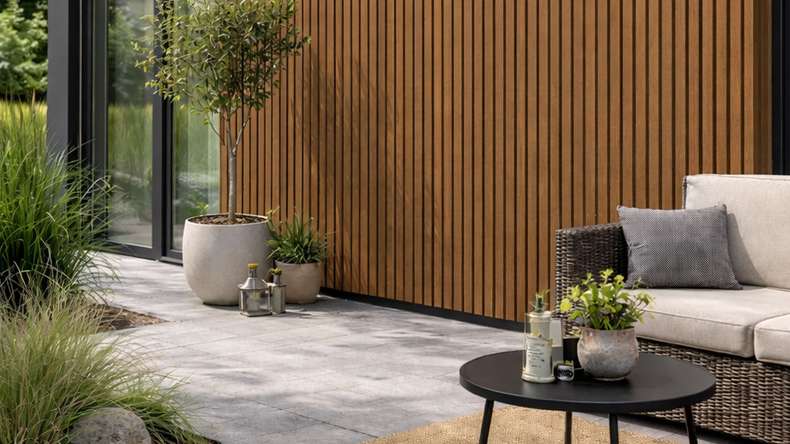 planeo DesignPro – WPC cladding, Burma Teak | Black, 2900 x 175 mm
