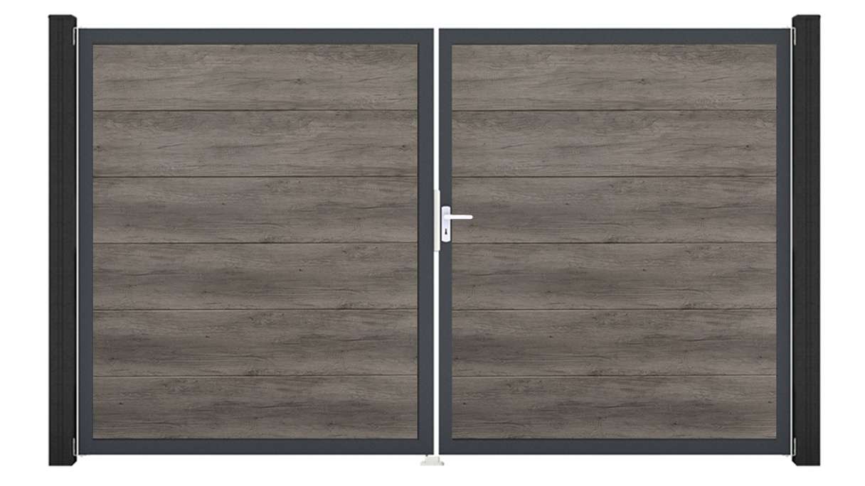 planeo Gardence Simply Guard – PVC gate – double-leaf, Monument Oak with aluminium frame, 300 x 180 cm
