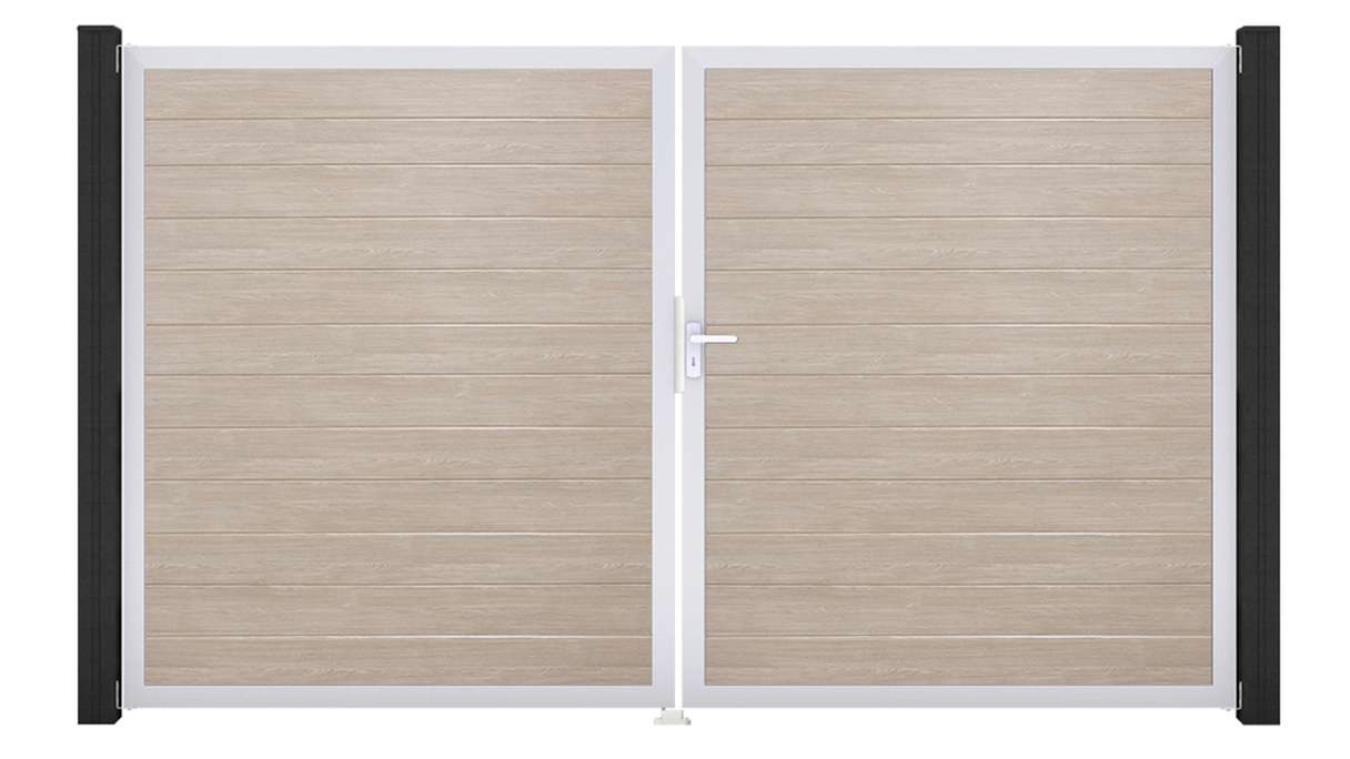 planeo Gardence Simply Small – 2-panel PVC gate in Sheffield Oak with aluminium frame, 300 x 180 cm