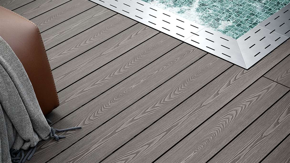 planeo SolidWood WPC decking board solid - Light grey 3m french/structured