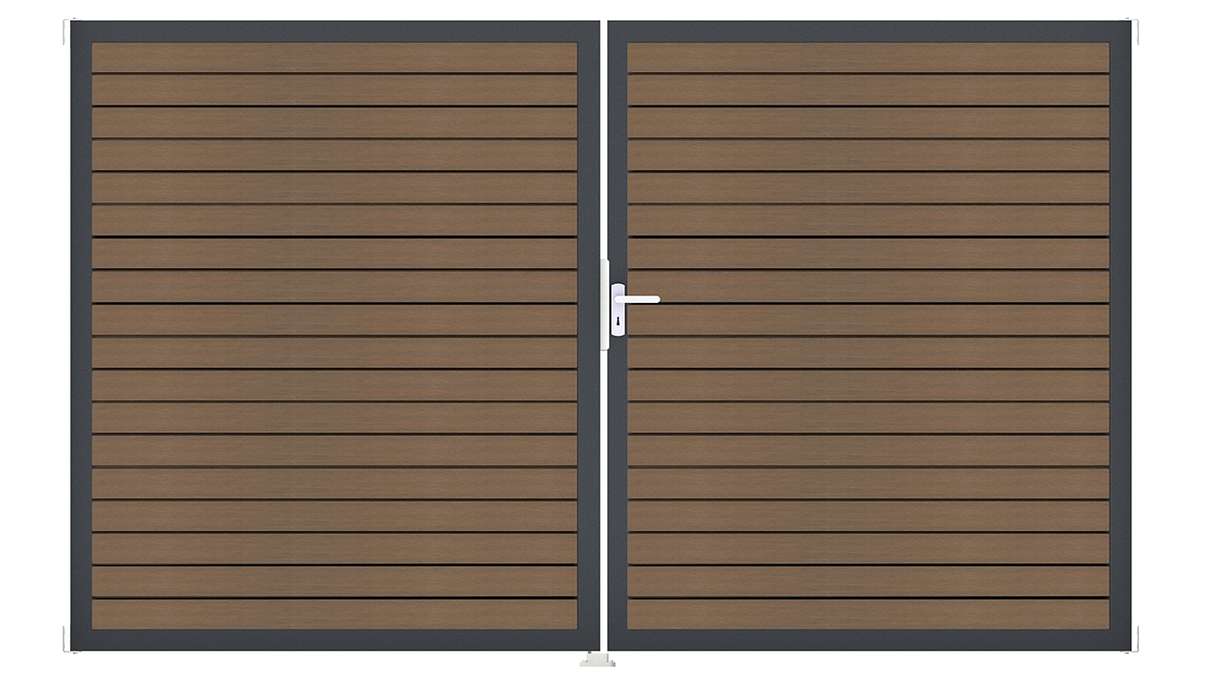 planeo Gardence Trendy – BPC Rhombus Gate – 2-leaf, teak co-ex with aluminium frame