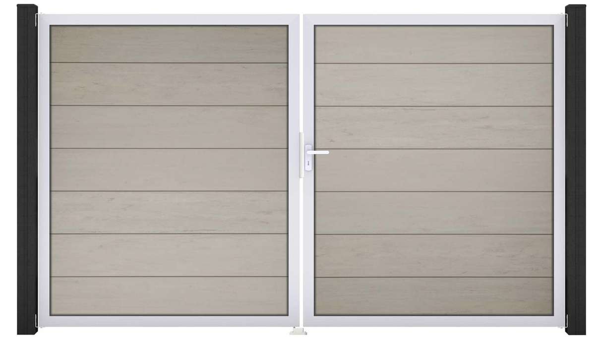 planeo Gardence Strong XL – BPC gate – double-leaf, two-tone sand, with aluminium frame