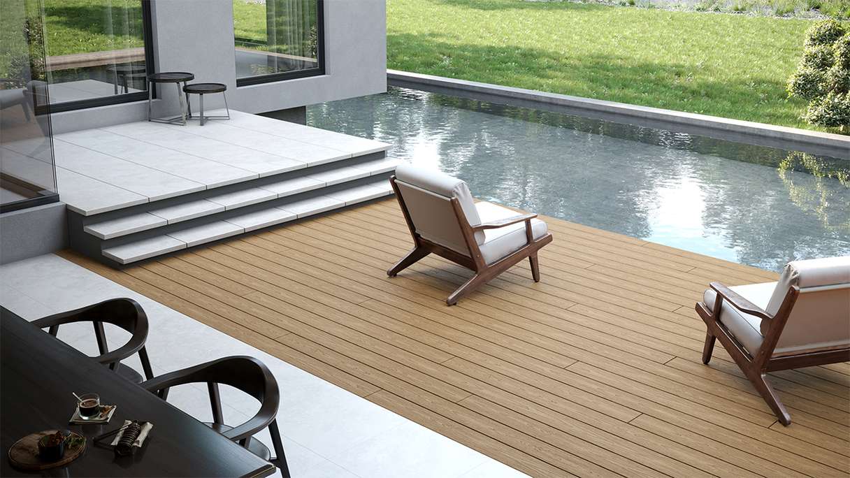 planeo CoEXWood WPC decking complete set solid plank - sand/caramel textured