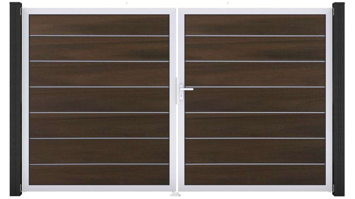 planeo Gardence Deluxe – BPC gate – double-leaf, walnut co-ex with aluminium frame