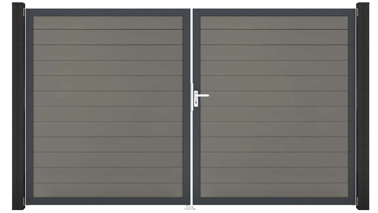 planeo Gardence Strong – BPC gate – double-leaf, grey with aluminium frame