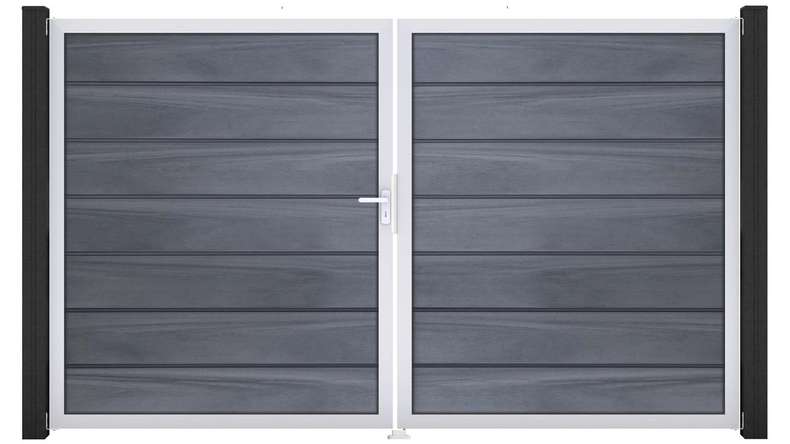 planeo Gardence Deluxe – BPC gate – double-leaf, stone grey co-ex with aluminium frame 