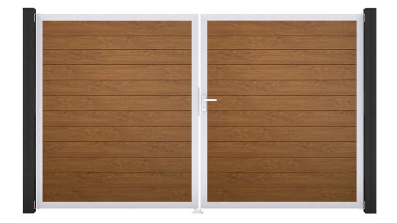 planeo Gardence Simply Small – 2-panel PVC gate in Golden Oak with aluminium frame, 300 x 180 cm