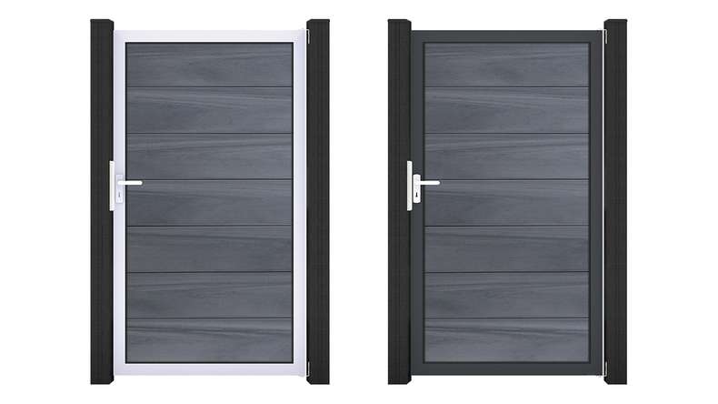 planeo Gardence Strong XL – BPC universal gate, stone grey co-ex with aluminium frame, 100 x 180 x 4 cm