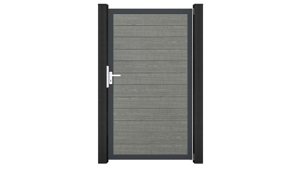 planeo Gardence Simply Small – PVC Universal Gate in Grey Ash Cut with aluminium frame, 100 x 180 cm