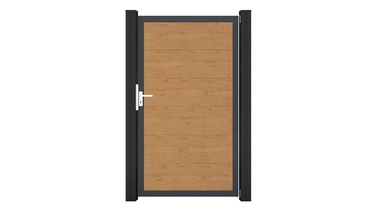 planeo Gardence Simply – Universal PVC gate in natural knotty oak with aluminium frame, 100 x 180 cm