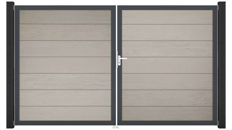 planeo Gardence Strong XL – BPC gate – double-leaf, two-tone sand, with aluminium frame