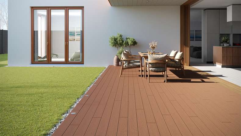 planeo LineWood WPC Solid decking board - Light brown 3.60m grooved/grooved
