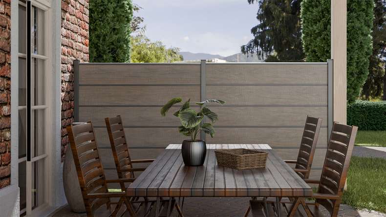 planeo Gardence Simply Premium - PVC plug-in fence Monument Oak with pilaster strips in anthracite 180 x 180 cm