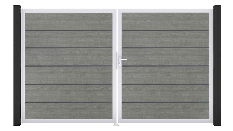 planeo Gardence Simply Premium - PVC door - DIN right 2-leaf Grey Ash Cut with silver aluminium frame | EV1 300 x 180 cm