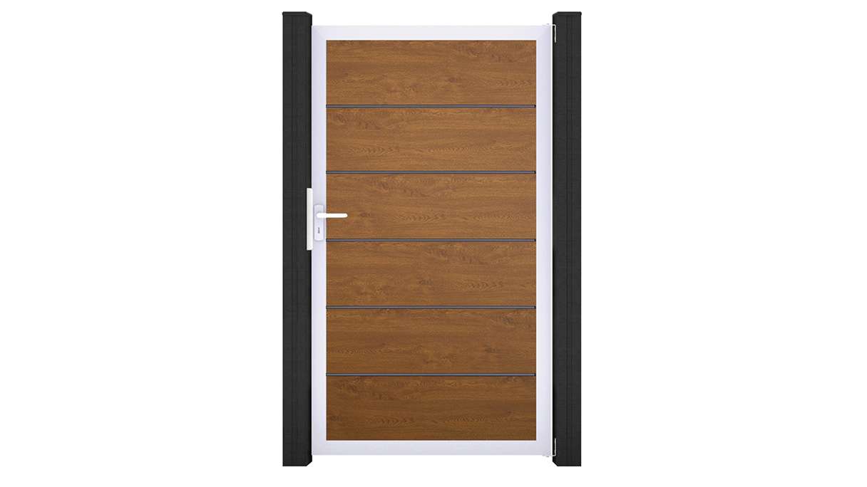 planeo Gardence Simply Premium – Golden Oak universal PVC gate with aluminium frame, 100 x 180 cm