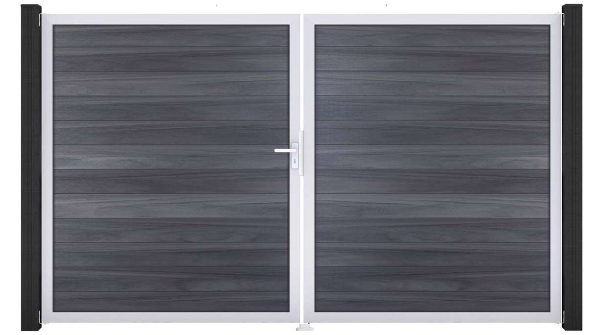 planeo Gardence Strong – BPC gate – double-leaf, stone grey co-ex with aluminium frame
