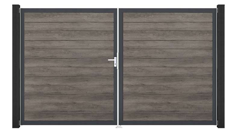 planeo Gardence Simply Small - PVC door - DIN left 2-leaf Monument Oak with anthracite aluminium frame | DB703 300 x 180 cm