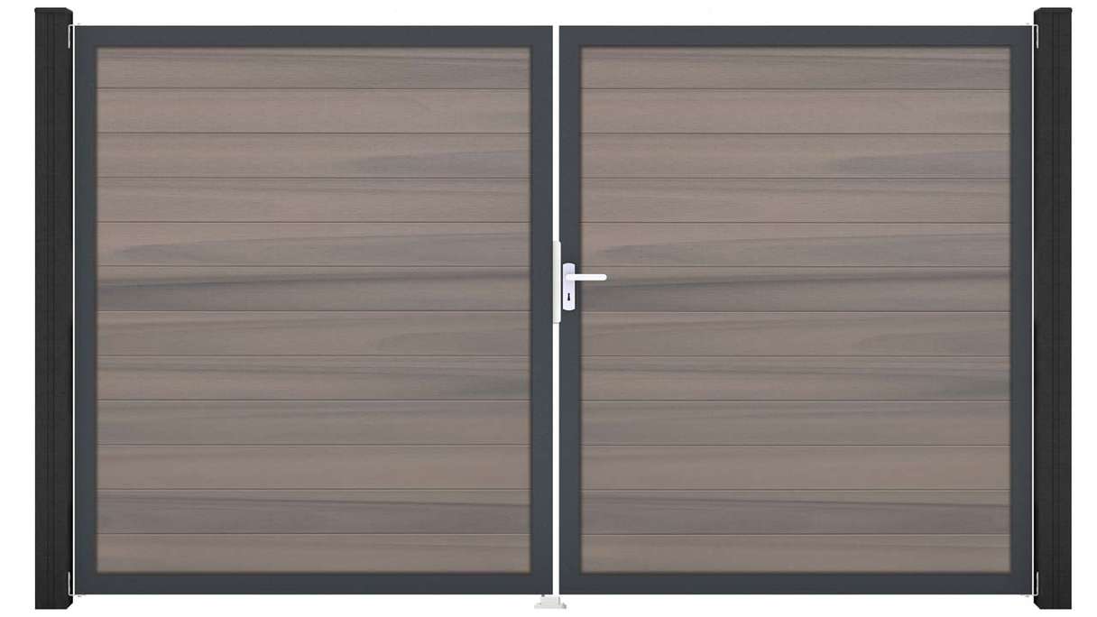 planeo Gardence Strong – BPC gate – double-leaf, bi-colour co-extruded with aluminium frame