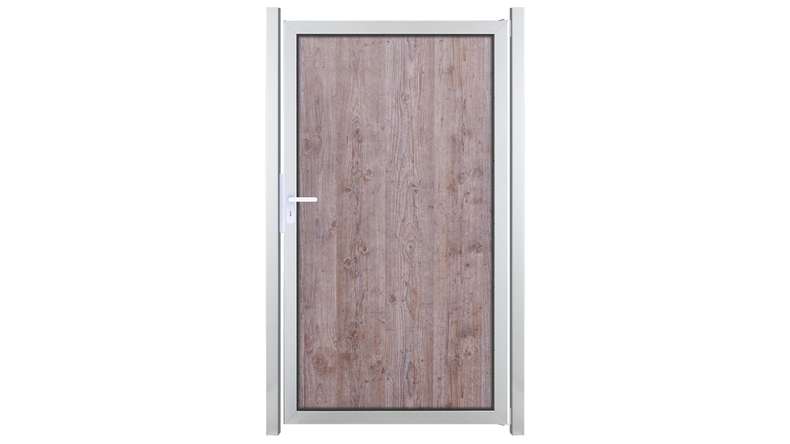 planeo Gardence Resistant – HPL privacy screen gate in a wood-effect finish with aluminium frame