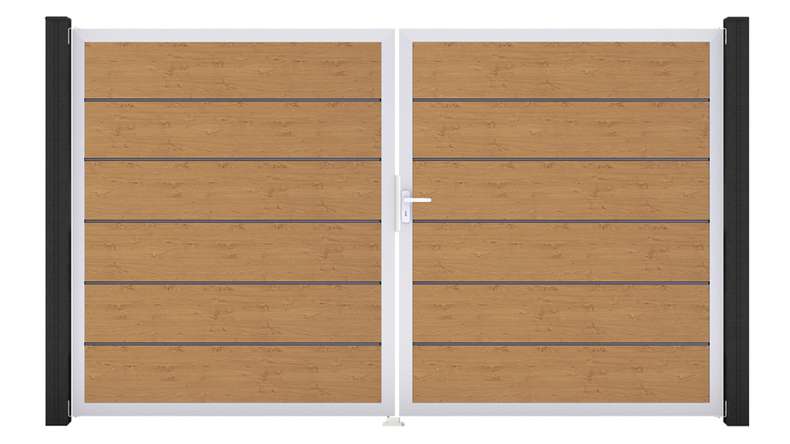 planeo Gardence Simply Premium - PVC door - DIN right 2-leaf natural knotty oak with silver aluminium frame | EV1 300 x 180 cm