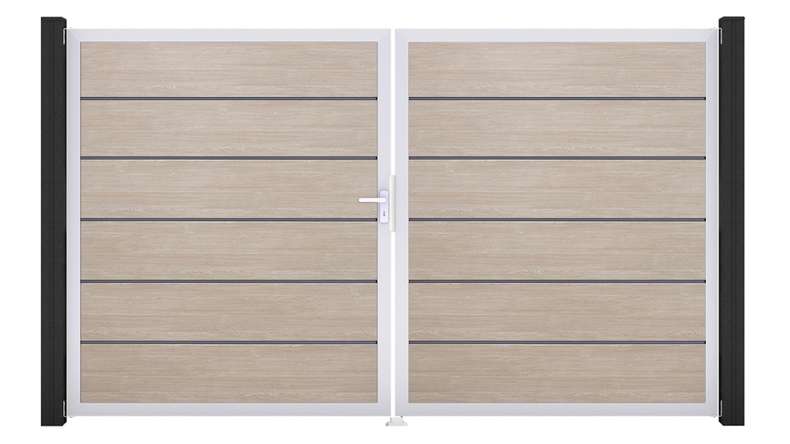 planeo Gardence Simply Premium - PVC door - DIN left 2-leaf Sheffield Oak with silver aluminium frame | EV1 300 x 180 cm