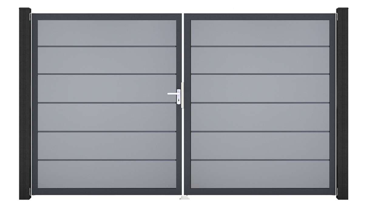 planeo Gardence Simply Premium – 2-panel PVC gate, silver-grey with aluminium frame, 300 x 180 cm