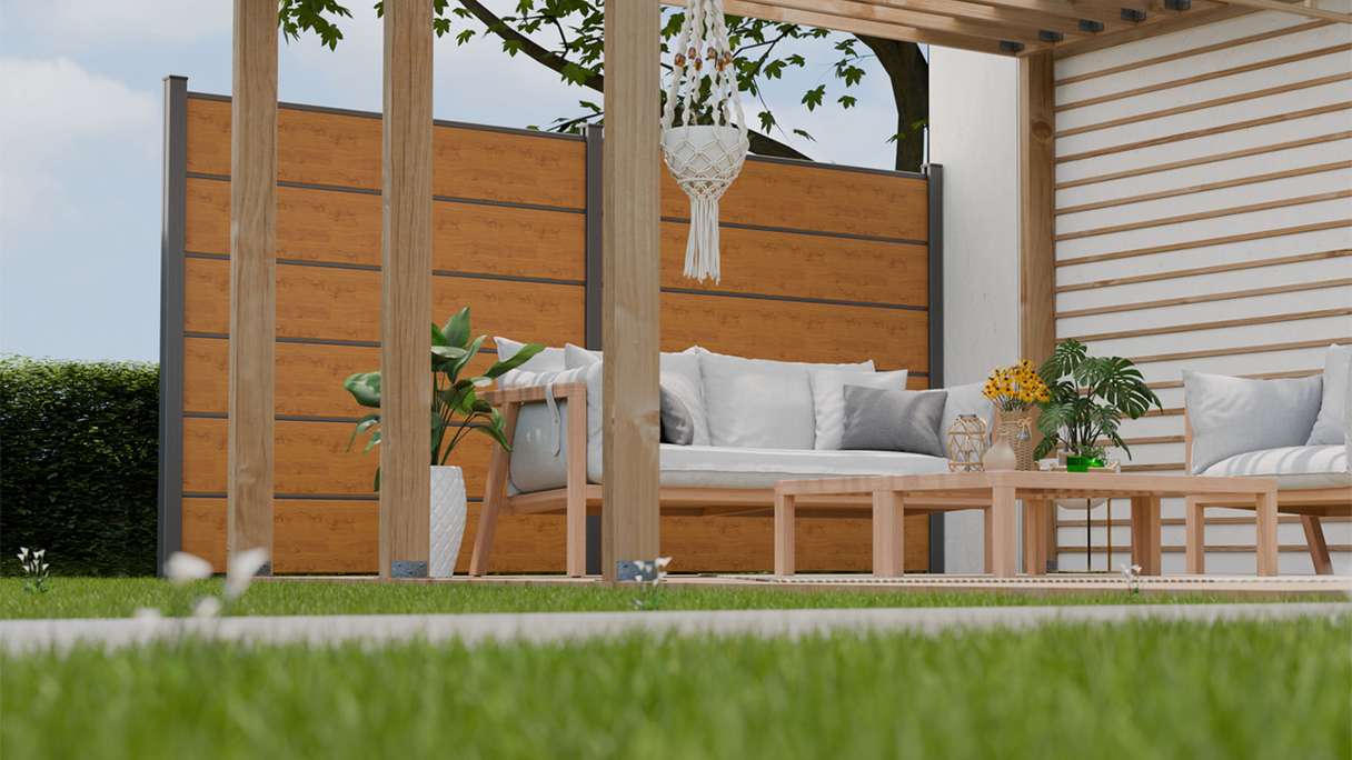 planeo Gardence Simply Premium - PVC plug-in fence natural knotty oak with pilaster strips in anthracite 180 x 180 cm