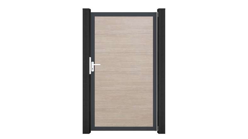 planeo Gardence Simply – Sheffield Oak universal PVC gate with aluminium frame, 100 x 180 cm
