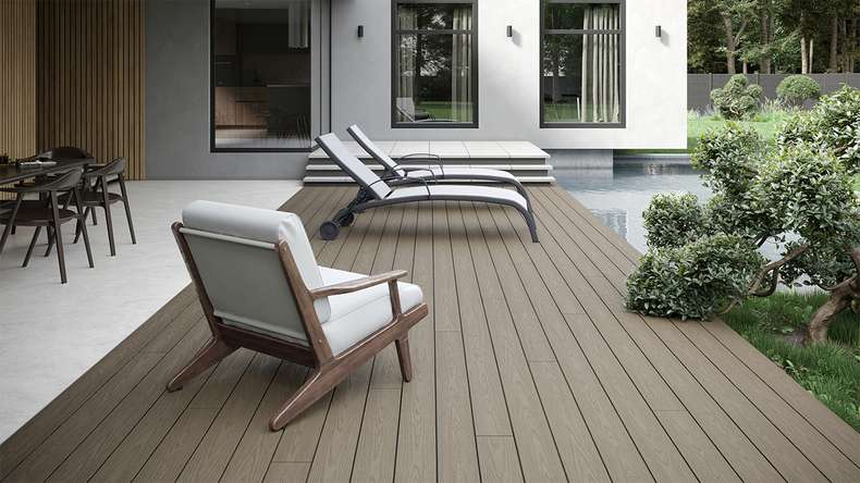 planeo CoEXWood WPC solid coated decking board - Grey/Cement 3m structured