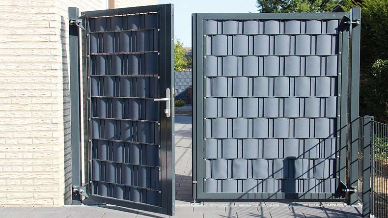 planeo universal door heavy 2-leaf asymmetric anthracite incl. gateposts