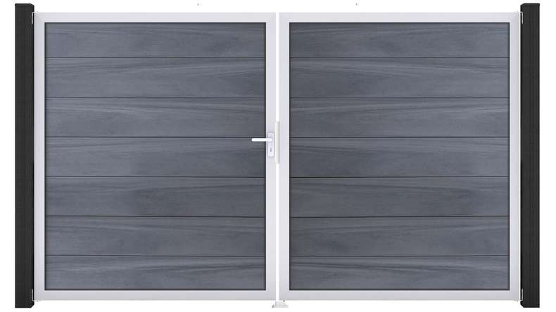 planeo Gardence Strong XL – BPC gate – double-leaf, stone grey co-extruded with aluminium frame 