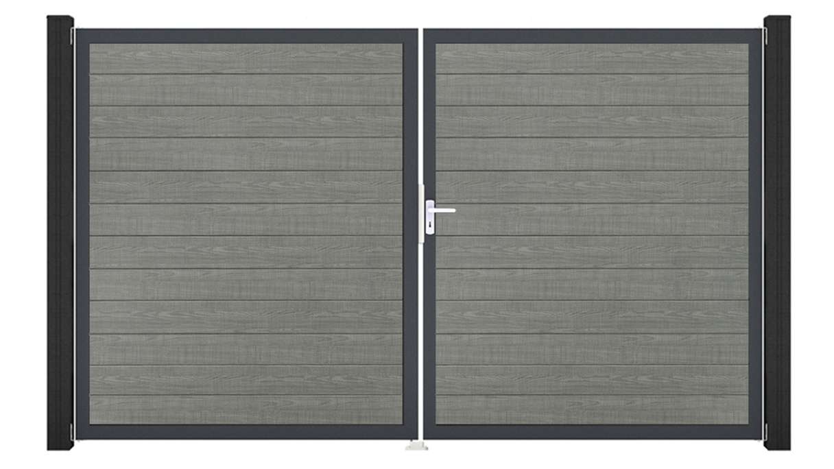 planeo Gardence Simply Small – 2-panel PVC gate in Grey Ash Cut with aluminium frame, 300 x 180 cm