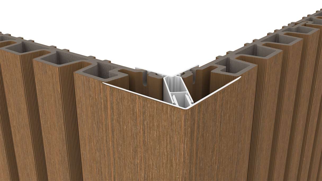 planeo LINEA – Aluminium CoEx external corner profile, Burma Teak, 3000 x 66 x 66 mm