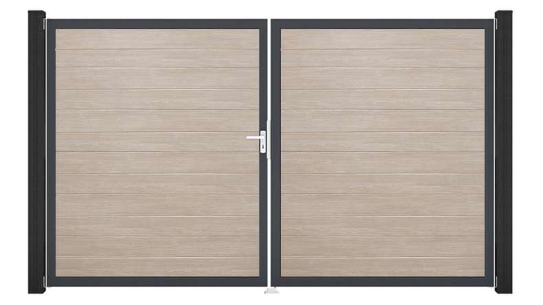 planeo Gardence Simply Small – 2-panel PVC gate in Sheffield Oak with aluminium frame, 300 x 180 cm