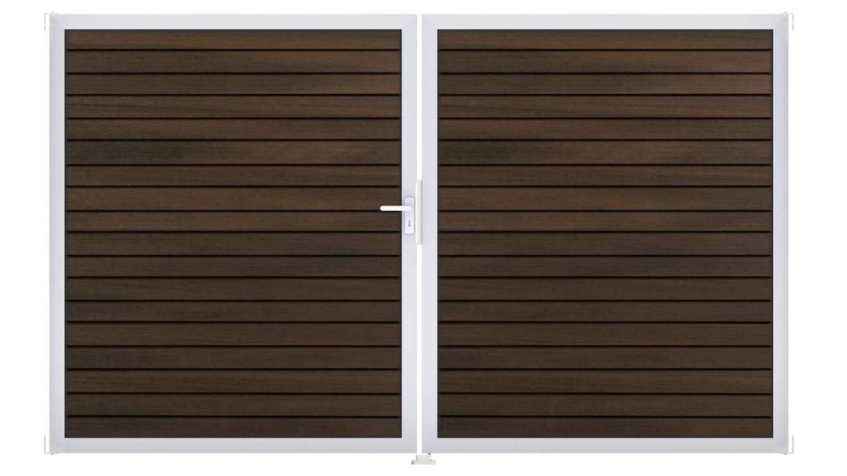 planeo Gardence Trendy – BPC Rhombus Gate – 2-leaf, walnut co-ex with aluminium frame