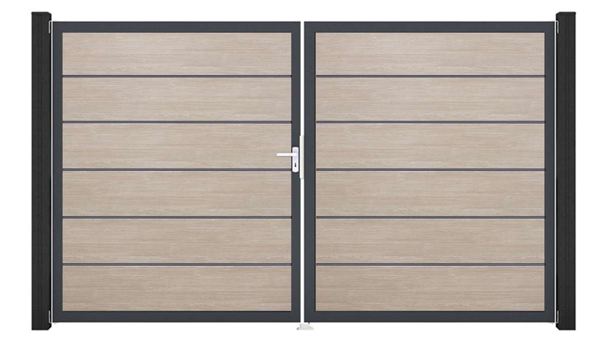 planeo Gardence Simply Premium – 2-panel PVC gate in Sheffield Oak with aluminium frame, 300 x 180 cm