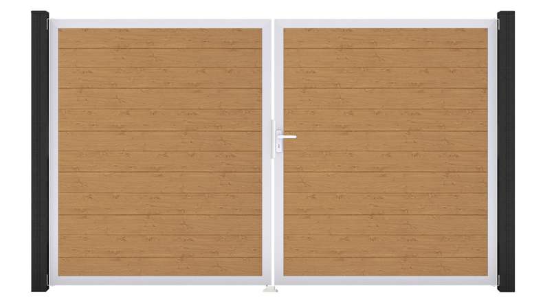 planeo Gardence Simply Small – 2-panel PVC gate in natural knotty oak finish with aluminium frame, 300 x 180 cm