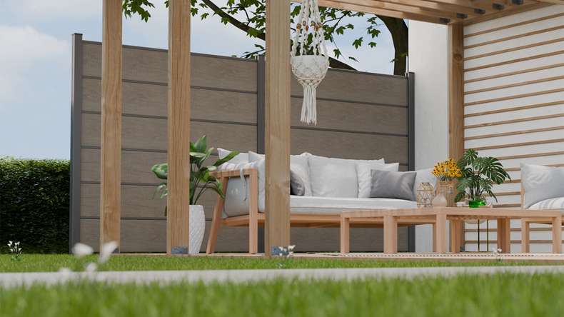 planeo Gardence Simply Premium - PVC plug-in fence Monument Oak with pilaster strips in anthracite 180 x 180 cm