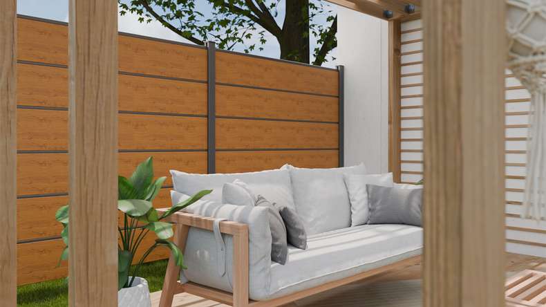 planeo Gardence Simply Premium - PVC plug-in fence natural knotty oak with pilaster strips in anthracite 180 x 180 cm