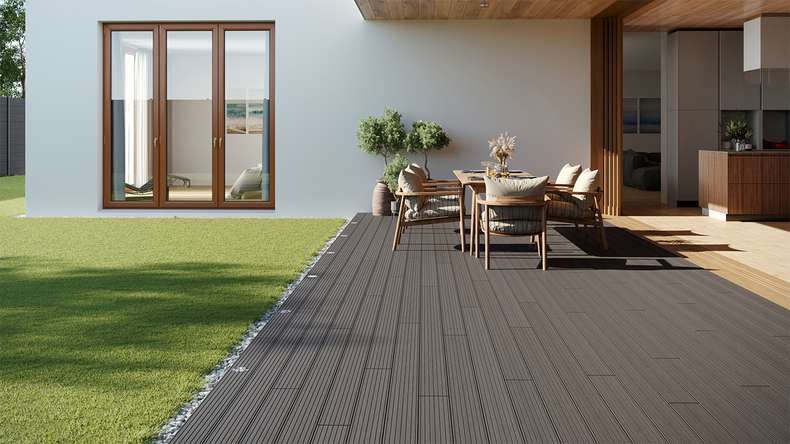 planeo LineWood WPC Solid decking board - Light grey 4.20m grooved/grooved