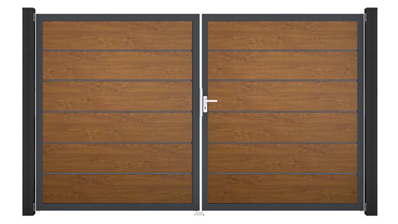 planeo Gardence Simply Premium - PVC door - DIN right 2-leaf Golden Oak with anthracite aluminium frame | DB703 300 x 180 cm