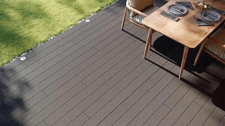 planeo LineWood WPC Solid decking board - Light grey 4.20m grooved/grooved