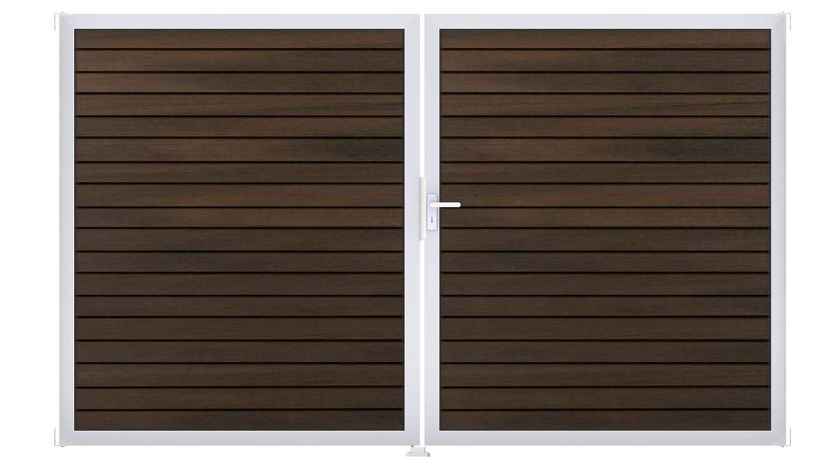 planeo Gardence Trendy – BPC Rhombus Gate – 2-leaf, walnut co-ex with aluminium frame