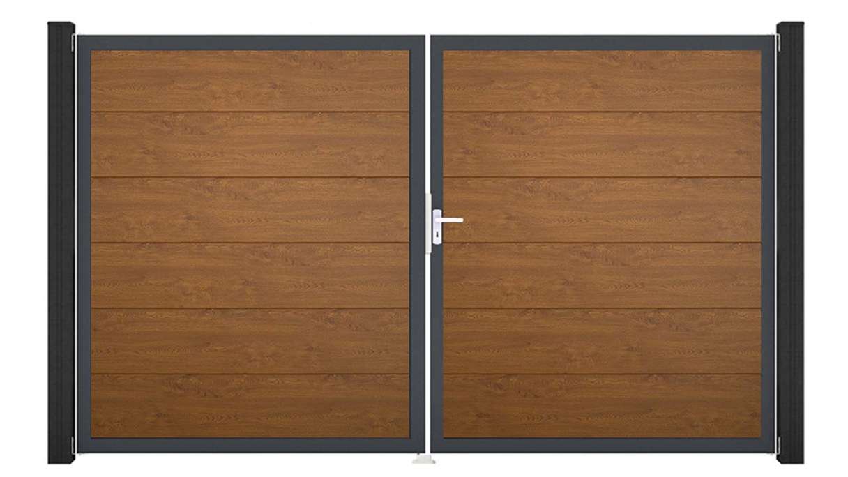 planeo Gardence Simply – 2-leaf PVC gate in Golden Oak with aluminium frame