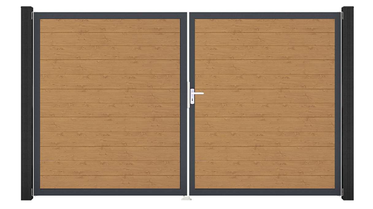 planeo Gardence Simply Small – 2-panel PVC gate in natural knotty oak finish with aluminium frame, 300 x 180 cm