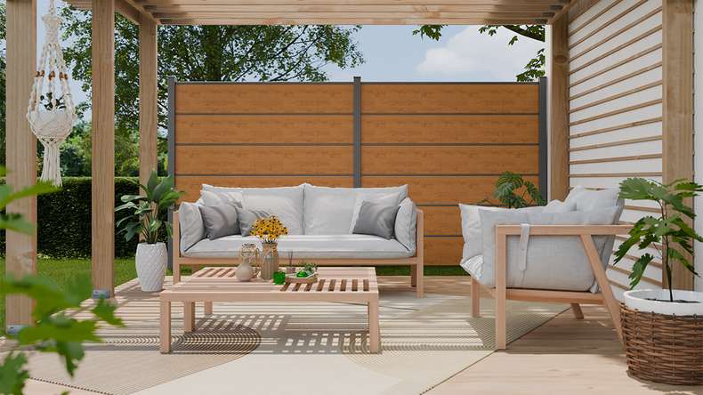 planeo Gardence Simply Premium - PVC plug-in fence natural knotty oak with pilaster strips in anthracite 180 x 180 cm