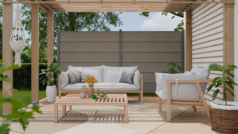 planeo Gardence Simply Premium - PVC plug-in fence Monument Oak with pilaster strips in anthracite 180 x 180 cm