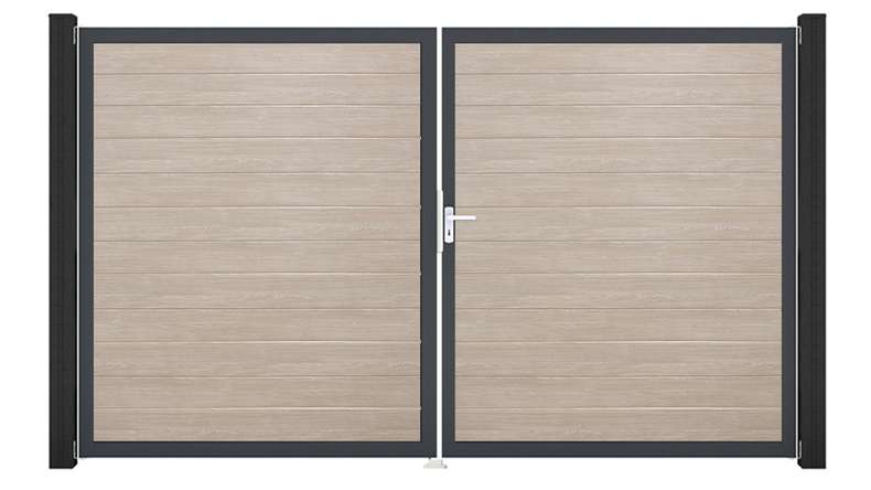 planeo Gardence Simply Small – 2-panel PVC gate in Sheffield Oak with aluminium frame, 300 x 180 cm