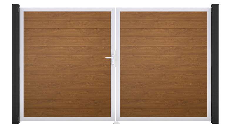 planeo Gardence Simply Small - PVC door - DIN left 2-leaf Golden Oak with silver aluminium frame | EV1 300 x 180 cm