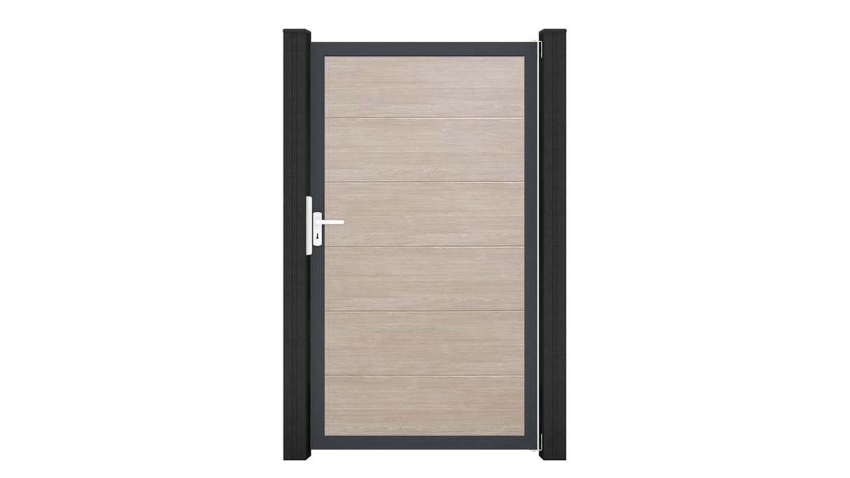 planeo Gardence Simply – Sheffield Oak universal PVC gate with aluminium frame, 100 x 180 cm